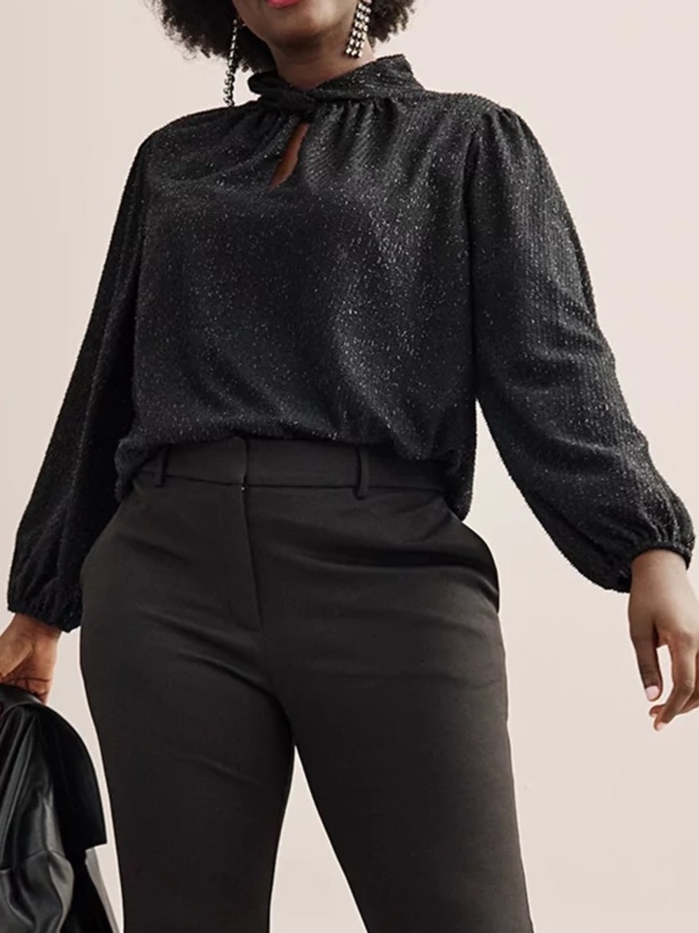 Nine West Twist Neck Metallic Textured Long Sleeve Keyhole Blouse